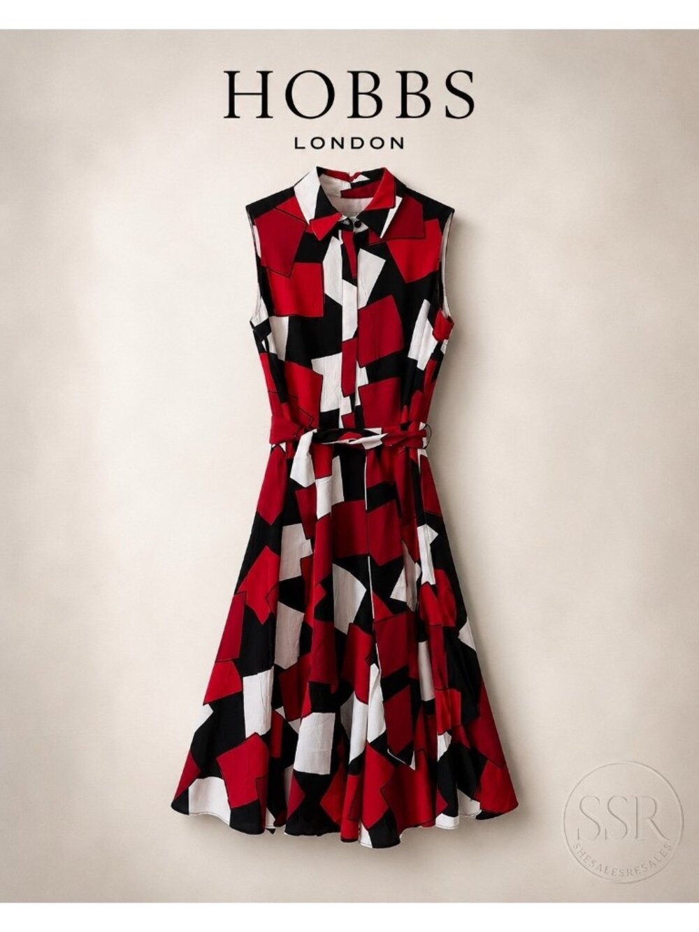 Hobbs London Belinda Geometric Fit & Flare Midi Dress Red Black White Belted 2